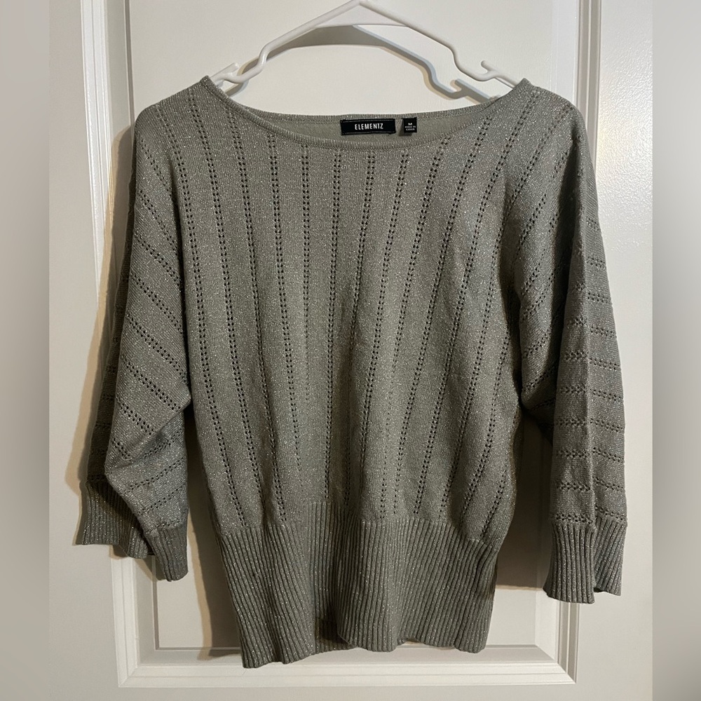 Elementz Gray Crew Neck Sweater Ribbed Knit 3/4 Sleeves